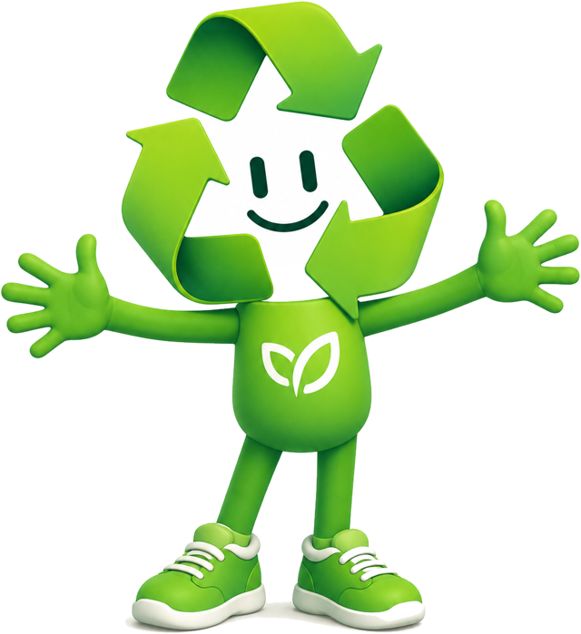 La mascota de ReciclAI: un símbolo de reciclaje sonriente con brazos abiertos